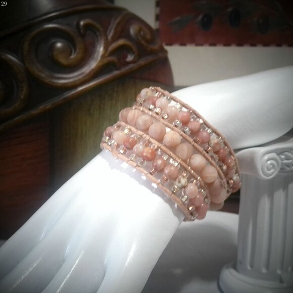 BLING-UP Beige Leather Bracelet (3) Rows Sandstone & Pale Peach Beads 7 1/4" - Picture 3 of 4